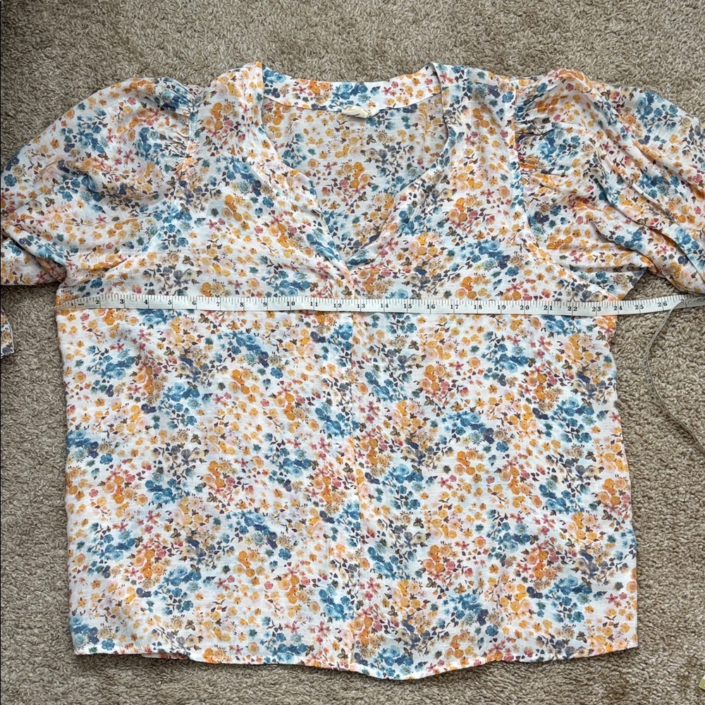 a.n.a Floral V-Neck Blouse - Cream with Blue & Mustard - Picture 8 of 9